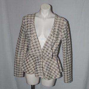 Cream and Gold Houndstooth Sweater Knit Peplum Blazer | Large